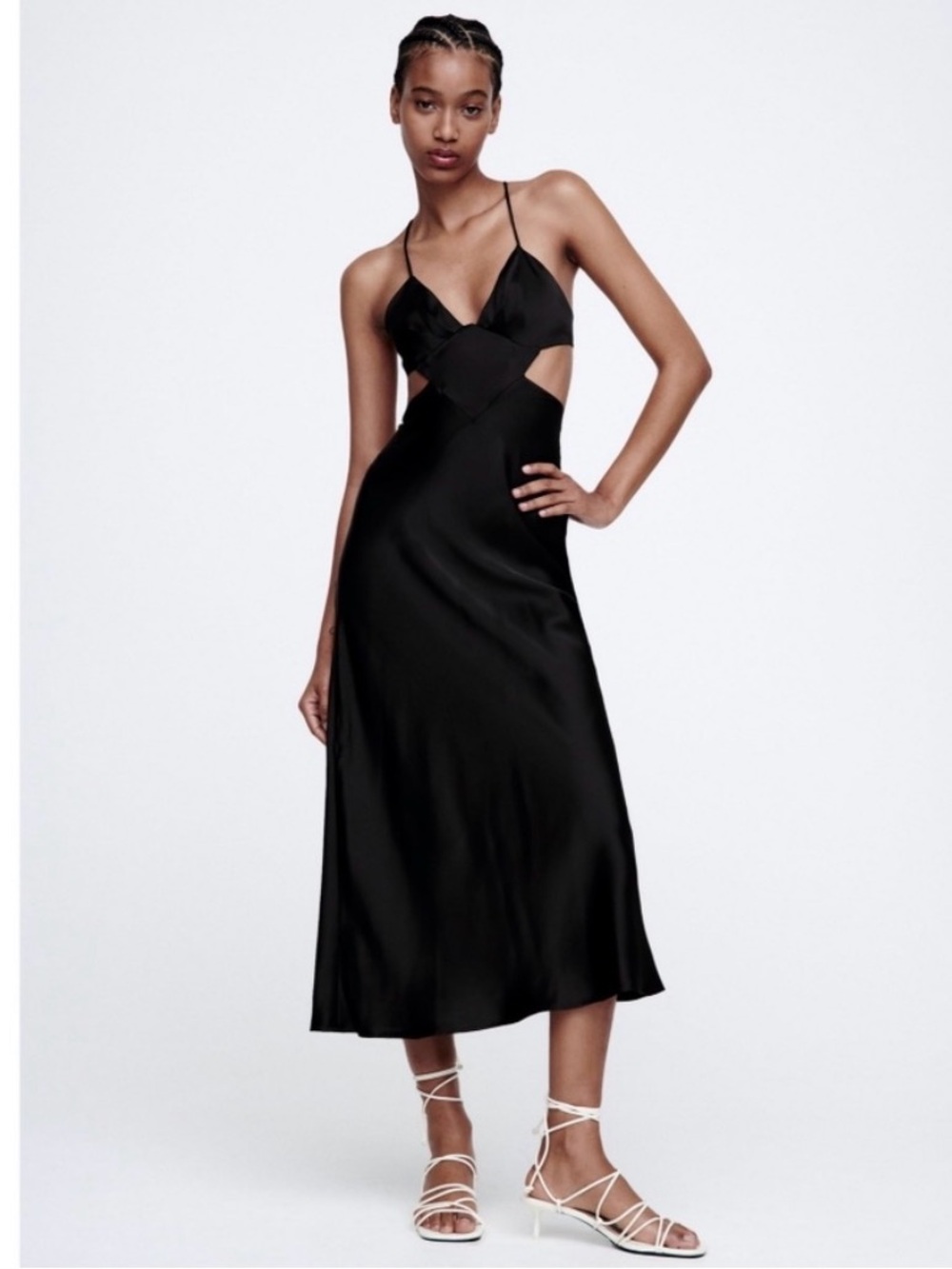 ZARA Black Satin Cut Out Midi Dress.  New